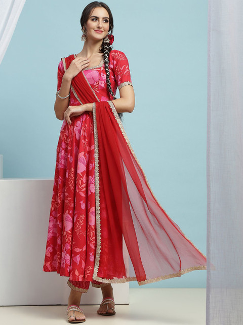 Khushal K Floral Printed Regular Zari Anarkali Kurta with Palazzos & Dupatta