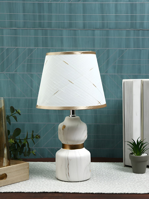 TAYHAA White & Gold-toned Printed Ceramic Contemporary Frusturical Shaped Table Lamp - Image 2