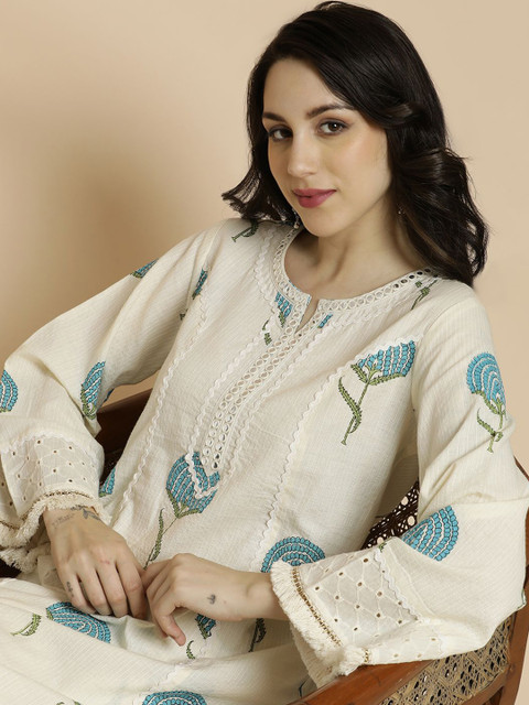 Anouk Off-White & Blue Printed Notch Neck Schiffli Work Cotton A-Line Kurta & Trouser - Image 5