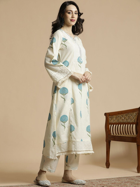 Anouk Off-White & Blue Printed Notch Neck Schiffli Work Cotton A-Line Kurta & Trouser - Image 3