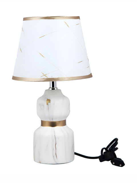 TAYHAA White & Gold-toned Printed Ceramic Contemporary Frusturical Shaped Table Lamp - Image 3