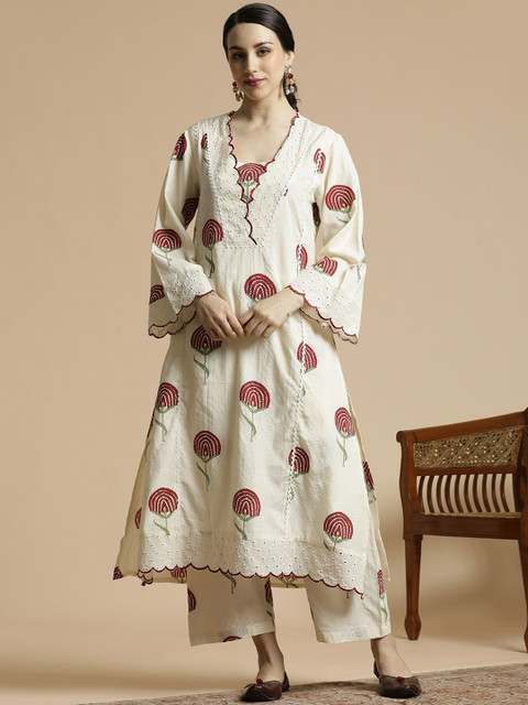 Anouk Floral Printed V-Neck Regular Pure Cotton A-Line Kurta with Palazzo