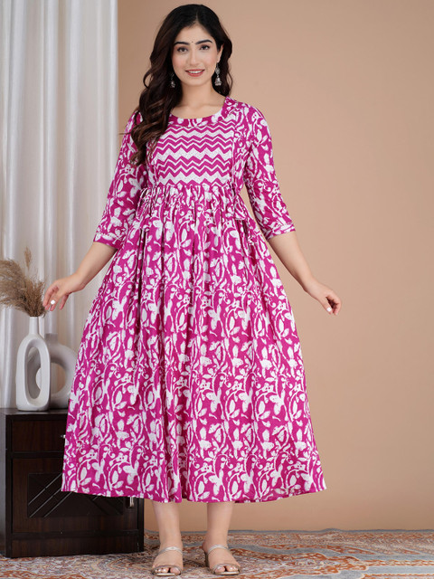 MURLI KURTI Ethnic Motifs Printed Round Neck Cotton Maternity Maxi Ethnic Dresses