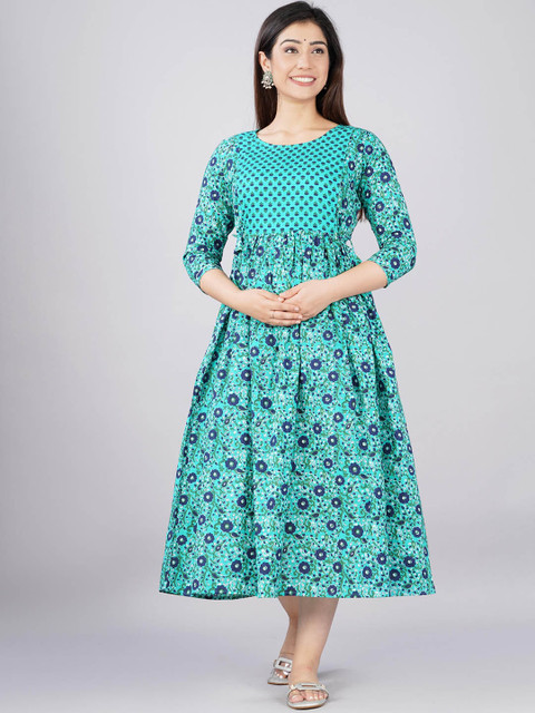 MURLI KURTI Floral Printed Round Neck Cotton Maternity Midi Ethnic Dresses