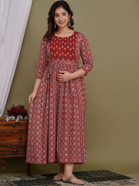 MURLI KURTI Ethnic Motifs Printed Round Neck Tie-Ups Maternity Maxi Ethnic Dress