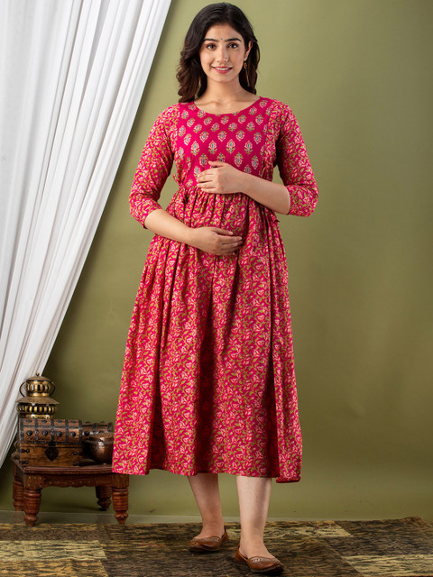 MURLI KURTI Ethnic Motifs Printed Round Neck Cotton Maternity Midi Ethnic Dresses