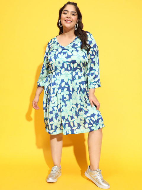 Oxolloxo Floral Printed Plus Size Fit & Flare Dress