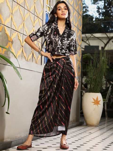 QISSA Printed Round Neck Top With Skirt