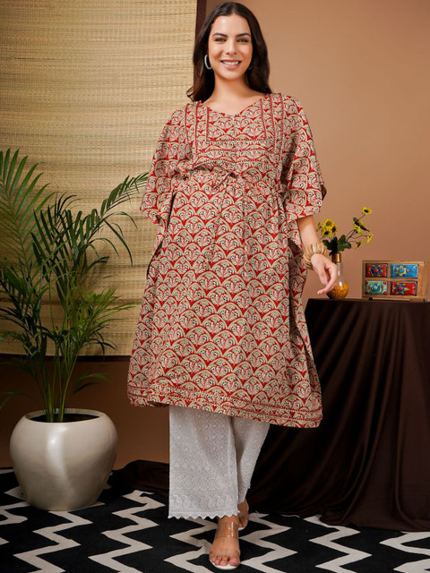 Angloindu Printed Maternity Pure Cotton Kaftan Kurta & Trousers