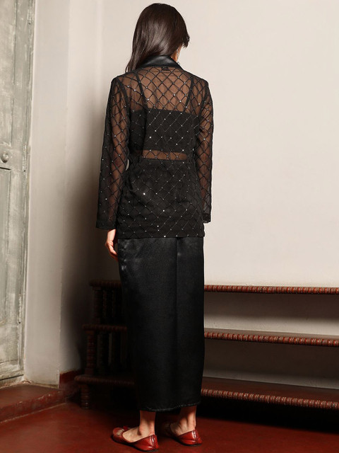 QISSA Black Embellished Shirt Collar Top & Skirt With Jacket Co-Ord Set - Image 3