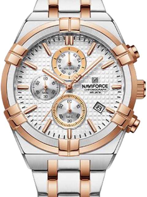 Naviforce Men Brass Dial & Stainless Steel Bracelet Style Straps Analogue Chronograph Watch NF8042 SWRG - Image 3