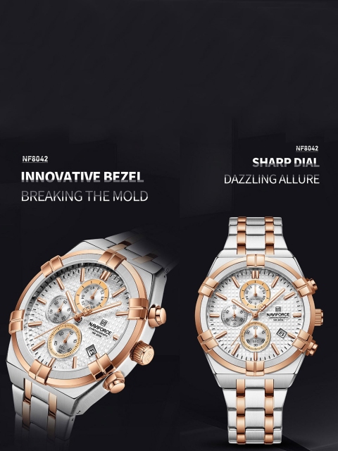 Naviforce Men Brass Dial & Stainless Steel Bracelet Style Straps Analogue Chronograph Watch NF8042 SWRG - Image 4