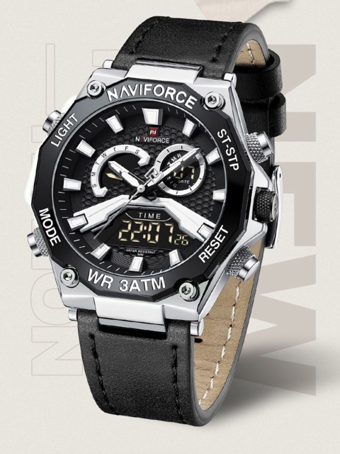 Naviforce Men Brass Embellished Dial & Leather Straps Analogue and Digital Multi Function Watch NF9220 SBB