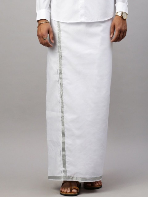 Ramraj Men Cotton White Solid Silver Jari Border Single Layer Dhoti
