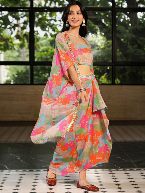 QISSA Pink Printed Scoop Neck Top & Skirt With Shrug Co-Ord Set