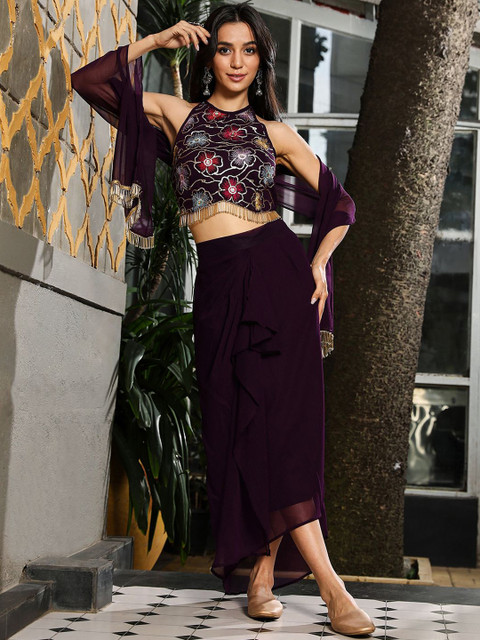 QISSA Purple Halter Neck Top & Skirt With Dupatta Co-Ord Set