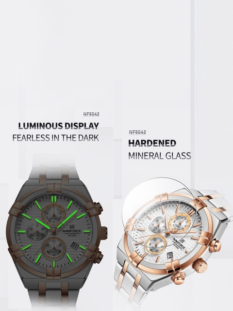 Naviforce Men Brass Dial & Stainless Steel Bracelet Style Straps Analogue Chronograph Watch NF8042 SWRG - Image 6