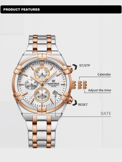 Naviforce Men Brass Dial & Stainless Steel Bracelet Style Straps Analogue Chronograph Watch NF8042 SWRG - Image 7