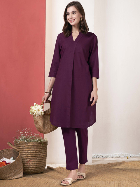 Anouk Purple V-Neck Cotton Tunic With Trousers