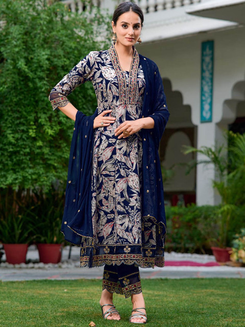 KALINI Floral Printed Thread Work Anarkali Kurta With Palazzos & Dupatta