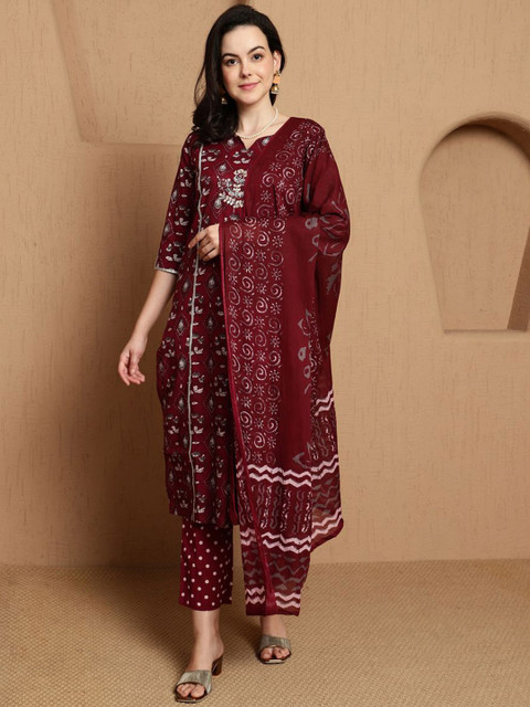 Sangria Ethnic Motifs Printed Regular Pure Cotton Kurta With Trouser & Dupatta