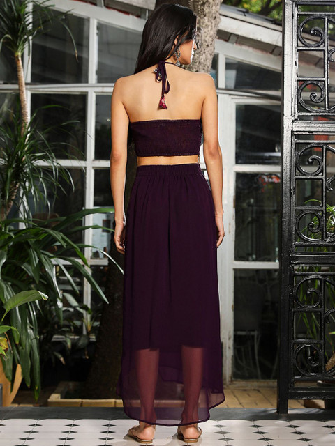 QISSA Purple Halter Neck Top & Skirt With Dupatta Co-Ord Set - Image 5