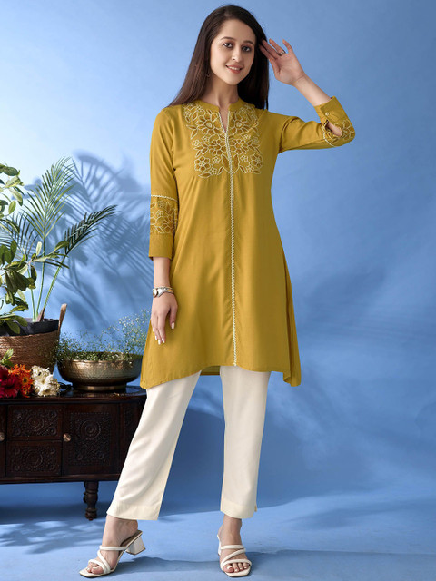 Anouk Mustard Yellow & White Floral Embroidered Mandarin Collar A-Line Kurta