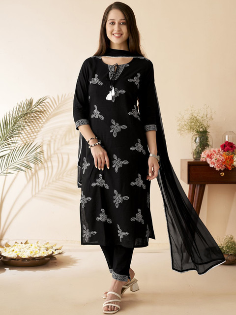 Anouk Black Floral Embroidered Tie-Up Neck Pure Cotton Kurta with Trousers & With Dupatta