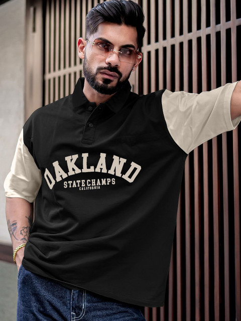 Maniac Men Typography Printed Polo Collar Cotton Oversized T-Shirt