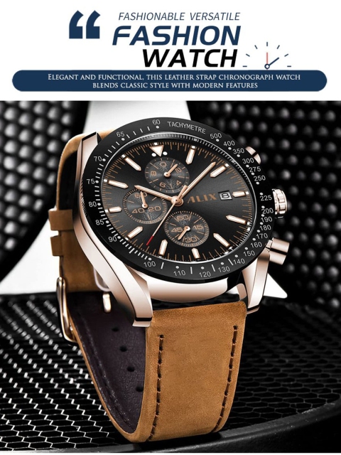 ALIX Men Brass Dial & Leather Straps Analogue Chronograph Watch AL3014L RGBBN - Image 7