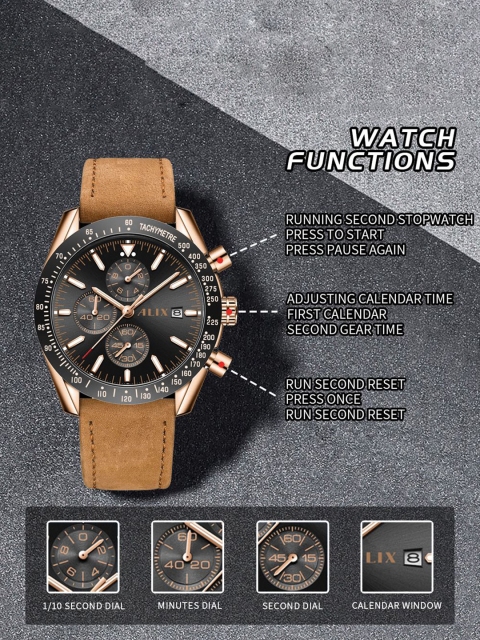 ALIX Men Brass Dial & Leather Straps Analogue Chronograph Watch AL3014L RGBBN - Image 5
