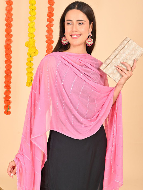 HELLA FASHIONS Striped Mukaish Sequence Embroidery Chiffon Dupatta - Image 3