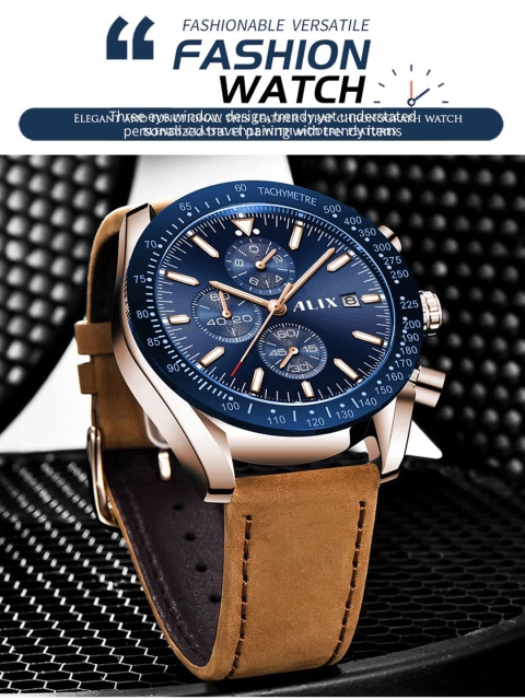 ALIX Men Brass Dial & Leather Straps Analogue Chronograph Watch AL3014L RGBEBN - Image 6