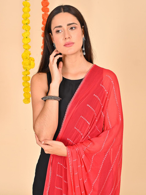 HELLA FASHIONS Striped Mukaish Sequence Embroidery Chiffon Dupatta - Image 2