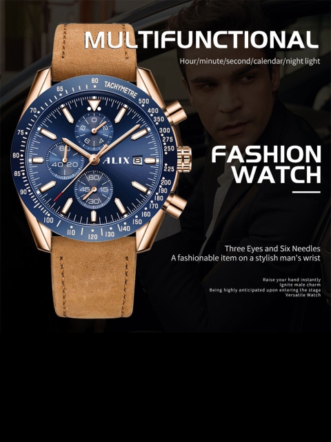 ALIX Men Brass Dial & Leather Straps Analogue Chronograph Watch AL3014L RGBEBN - Image 7