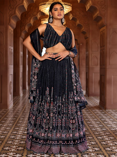 PURVAJA Printed Sequinned Ready to Wear Lehenga & Unstitched Blouse With Dupatta