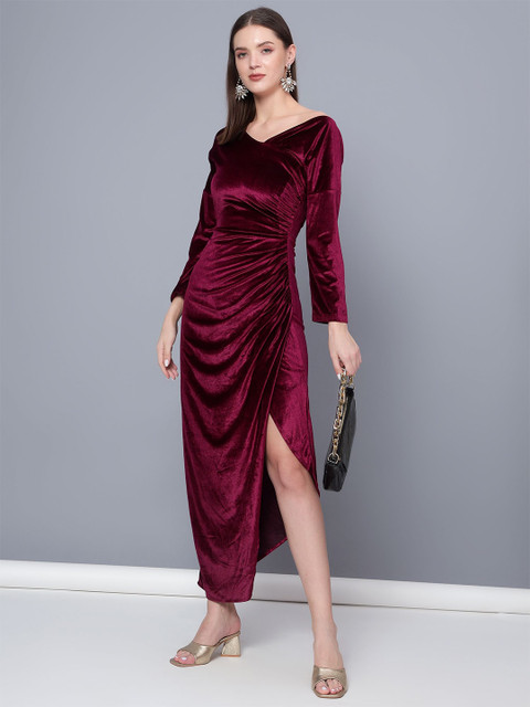 Golden Kite Women Solid Asymmetric Neck Maxi Dress