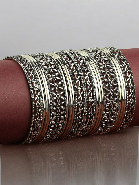 Sangria Set Of 18 Oxidised Floral Design Bangles