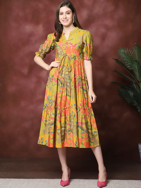 Claura Women Floral Print Mandarin Collar Puff Sleeves Maxi Midi Dress