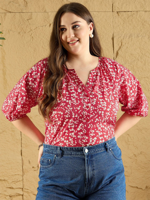 Berrylush Curve Plus Size Women Floral Printed Mandarin Collar Top