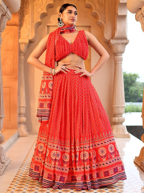PURVAJA Printed Sequinned Ready to Wear Lehenga & Unstitched Blouse With Dupatta