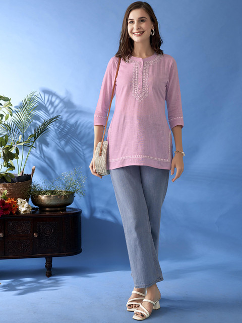 Anouk Floral Embroidered Round Neck Pure Cotton Straight Kurti - Image 5
