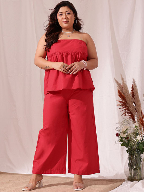 CURVY STREET Plus Size Off Shoulder Sleeveless Pure Cotton Top & Trouser