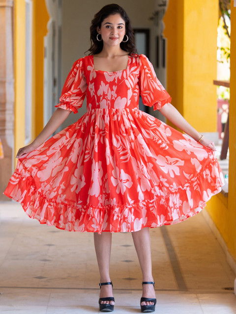 ASPORA Printed Square Neck Puff Sleeves Fit & Flare Dress