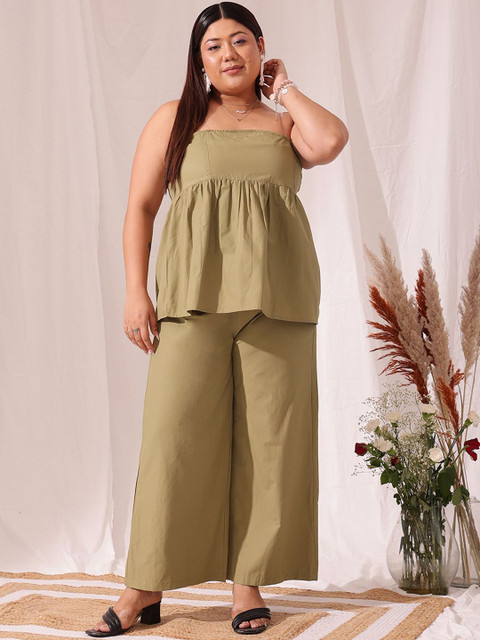 CURVY STREET Plus Size Off Shoulder Pure Cotton Top With Trousers