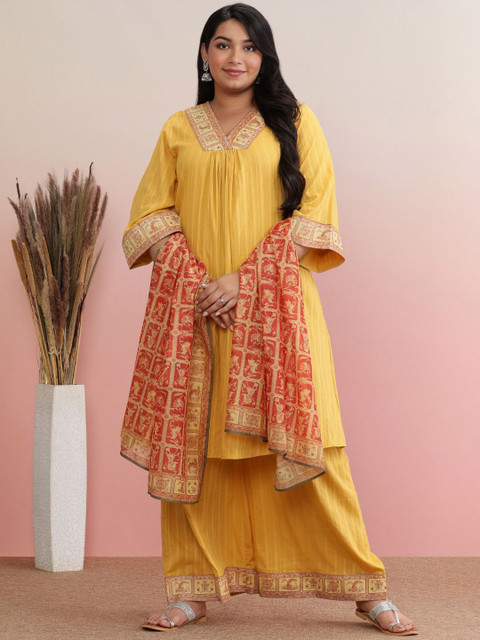 anayna Plus Size Striped V Neck Pure Cotton A-Line Kurta With Trousers & Dupatta