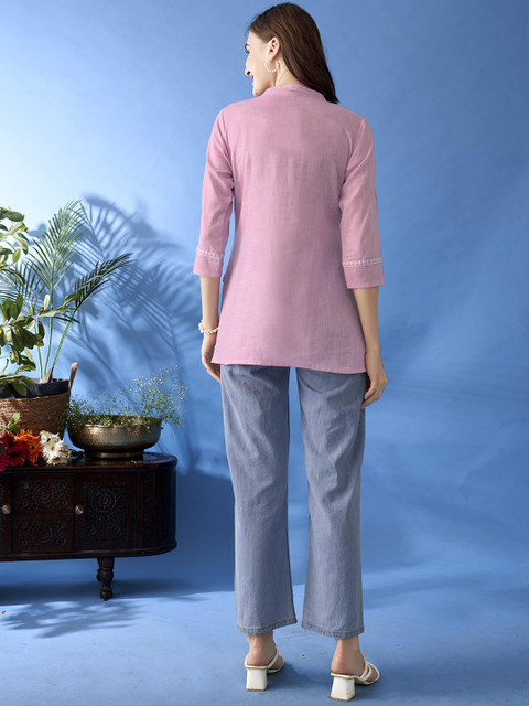 Anouk Floral Embroidered Round Neck Pure Cotton Straight Kurti - Image 4