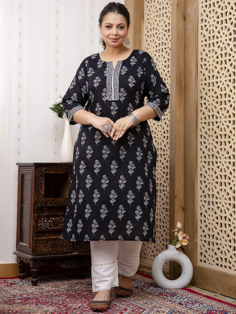 Nayo Plus Size Floral Printed Notch Neck Straight Kurta