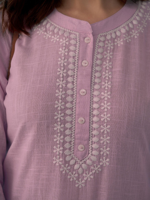 Anouk Floral Embroidered Round Neck Pure Cotton Straight Kurti - Image 2
