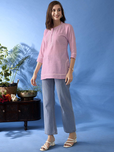 Anouk Floral Embroidered Round Neck Pure Cotton Straight Kurti - Image 3
